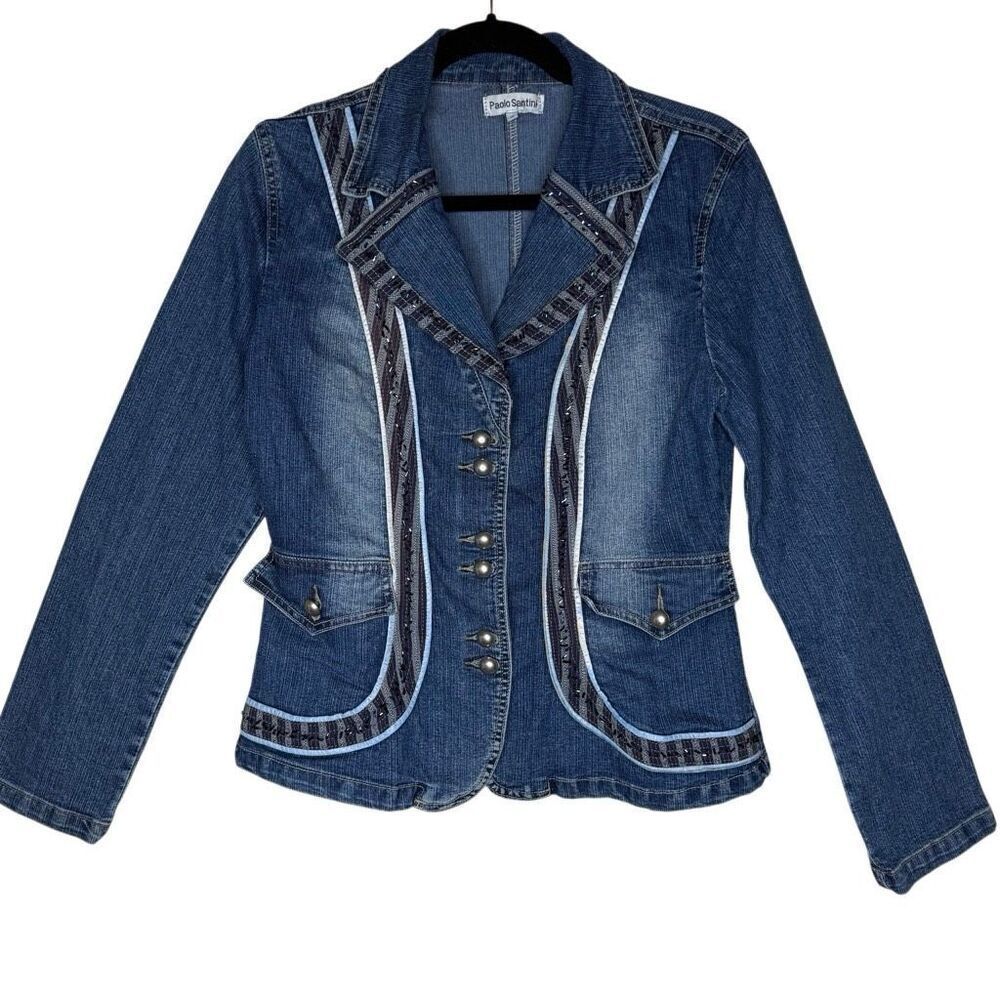 Vintage Paolo Santini Denim Beaded Jacket Size 10 Y2K, Fairy Grunge, Steampunk